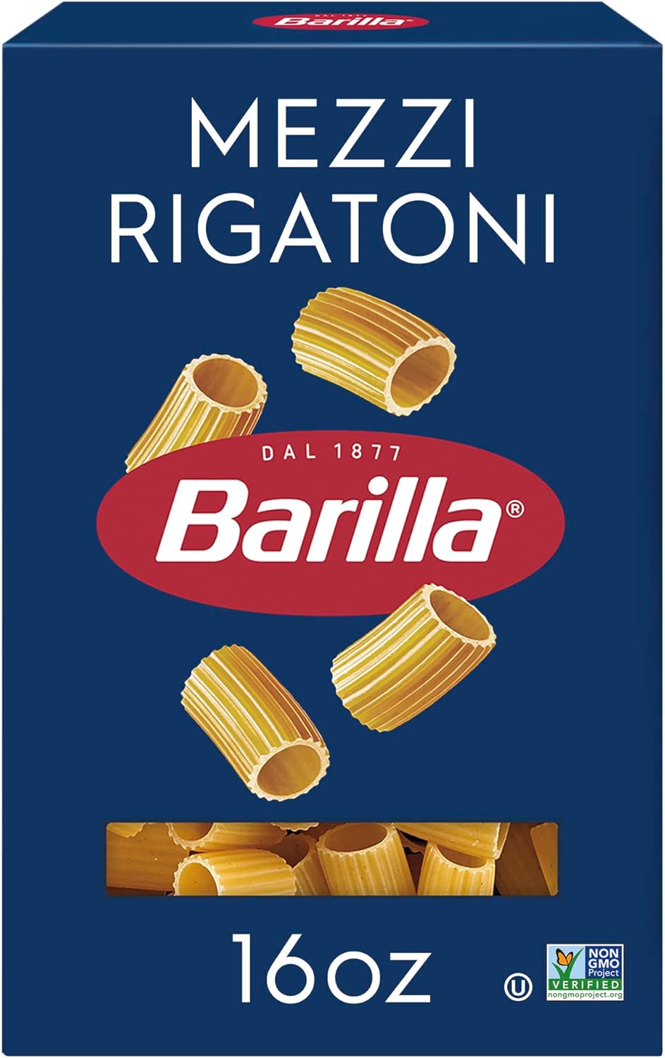 Barilla Mezzi Rigatoni Pasta, 16 oz. Box - Non-GMO, Made with Durum Wheat Semolina - Kosher Certified