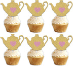 18pcs Gold Glitter Teapot Dessert Cupcake Topper Pick for Afternoon Tea Time Theme Decorations Men Women Children Happy Birthday Baby Shower Party Decor Supplies