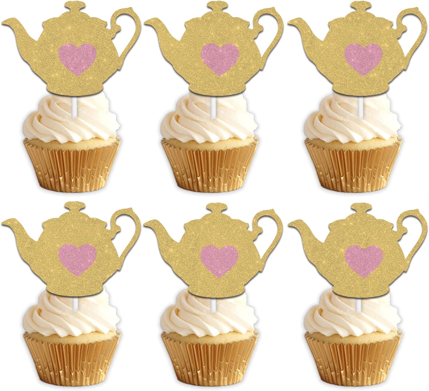 18pcs Gold Glitter Teapot Dessert Cupcake Topper Pick for Afternoon Tea Time Theme Decorations Men Women Children Happy Birthday Baby Shower Party Decor Supplies