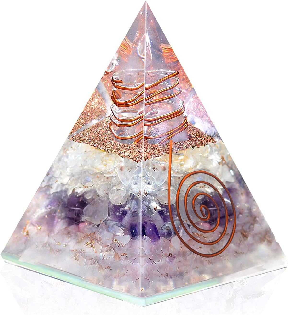 Amethyst, Rose Quartz, Clear Quartz Triple Layer Manifestation Orgonite Pyramid for Love, Success, Inner Peace, | Handmade crystal pyramid with Copper Coil and Crystal Quartz for Manifestation healing