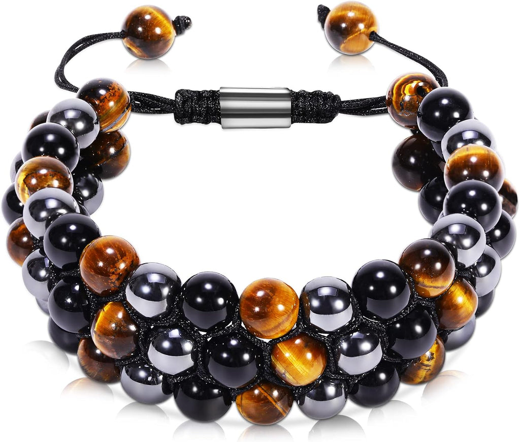 Triple Protection Bracelet, Genuine Tigers Eye Black Obsidian and Hematite 8mm Beads Bracelet for Men Women, Crystal Jewelry Stone Bracelets Gifts for Men Bring Luck Prosperity