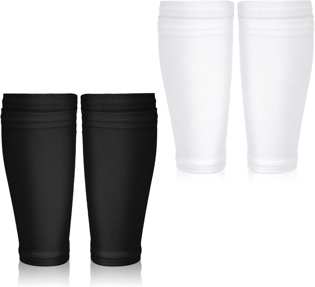 2 Pairs Shin Guard Sleeves, Soccer Shin Guard Covers Soft Soccer Sock Sleeves Shins Pads Socks Breathable Shins Pads Holders for Man Woman Adults Beginners Sport Football Black & White