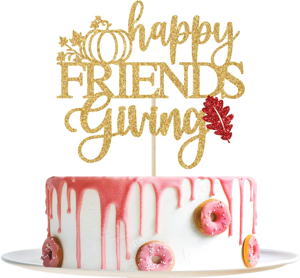Happy Friends Giving Cake Topper - Thanksgiving Cake Decor, Thankful Grateful Blessed, Thanksgiving Autumn Festival Party Decorations Gold Glitter