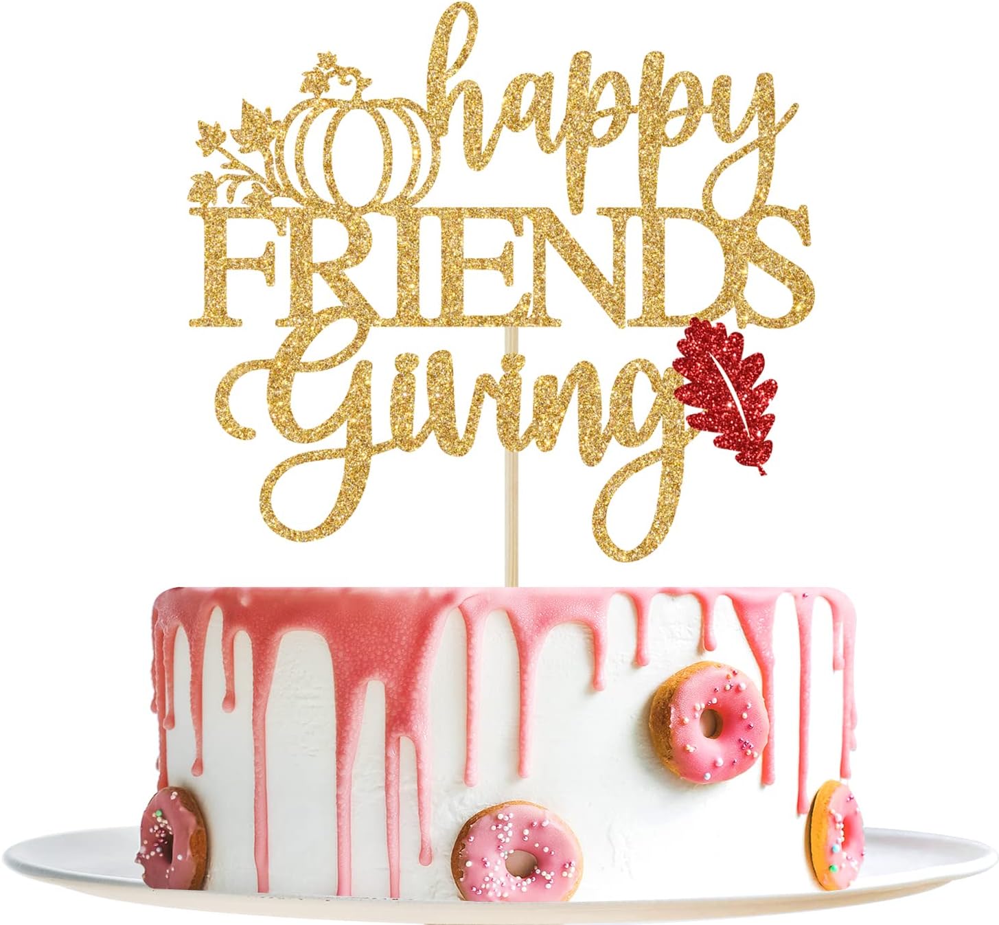 Happy Friends Giving Cake Topper - Thanksgiving Cake Decor, Thankful Grateful Blessed, Thanksgiving Autumn Festival Party Decorations Gold Glitter