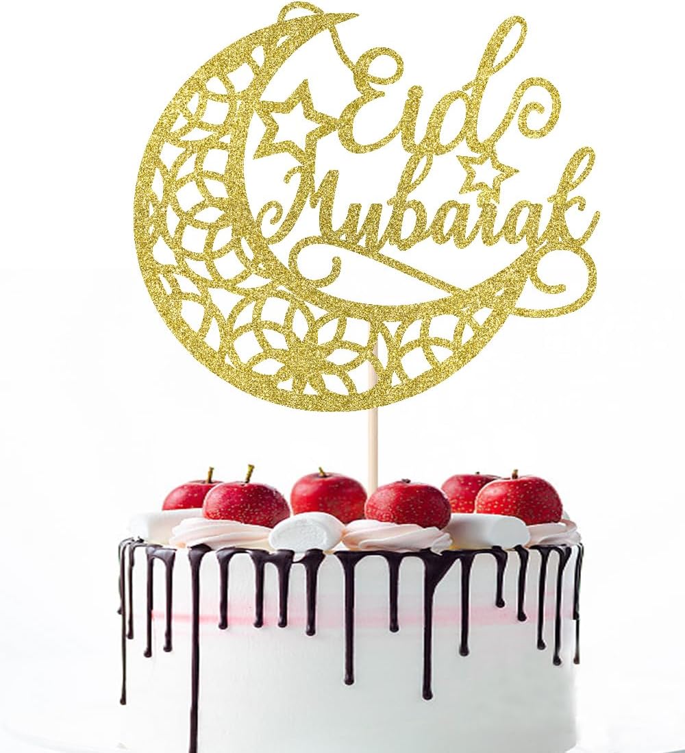 Eid Mubarak Cake Topper，Glitter Moon Star Ramadan Kareem,Umrah Mubarak Cake Topper,Happy Eid Islamic Muslim Party Cake Decorations