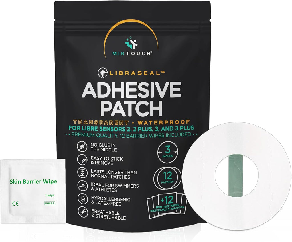 MirTouch Transparent Waterproof CGM Sensor Patches for Freestyle Libre 1, 2, 3 & Plus - No Glue in Center - 12 Adhesive Patches Plus 12 Skin Prep Wipes - Hypoallergenic Glucose Monitor Patch Set