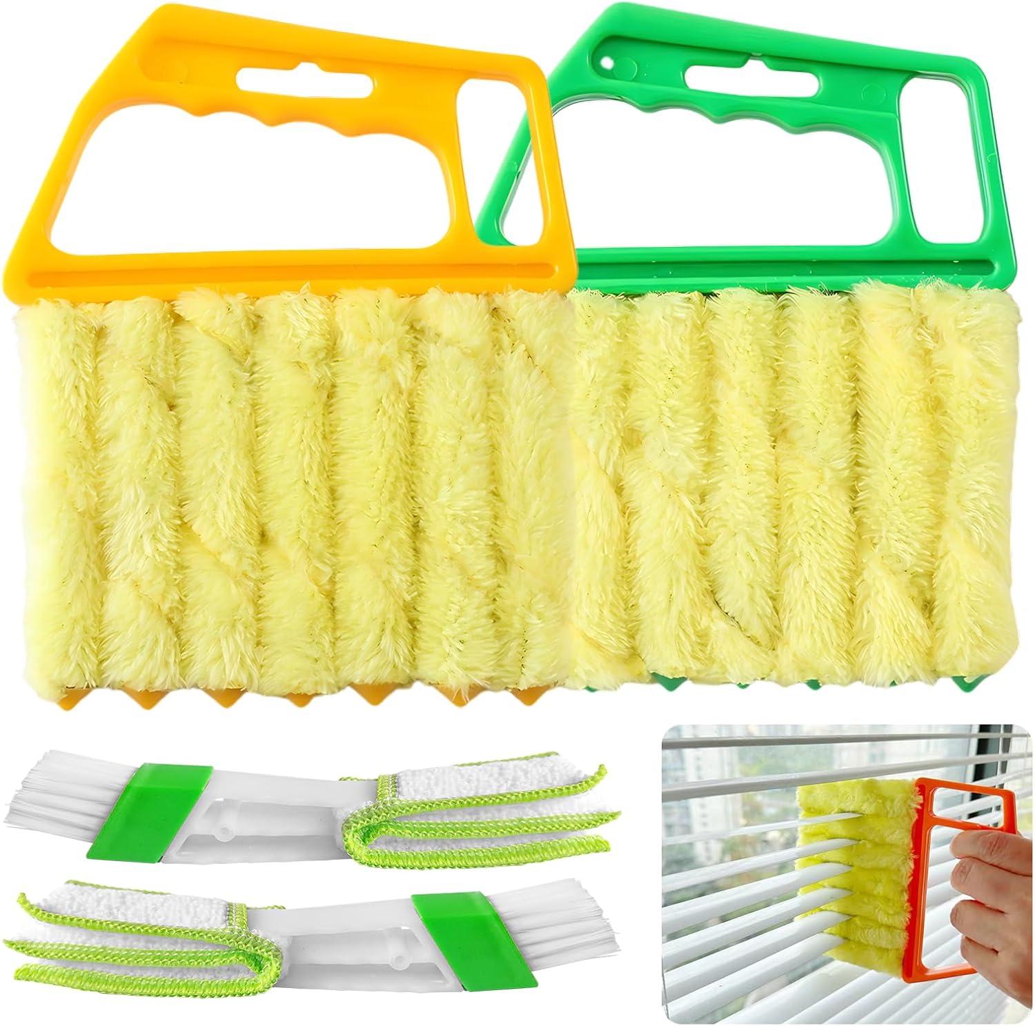 4Pcs Blind Cleaner Duster Tool Set with 7-Finger & 3-Finger Brushes，Washable Multi-Surface Dusting Kit for Wood Blinds, Venetian Blinds, AC Vents, Car Vents, Shutters & Fans (Yellow+Green)