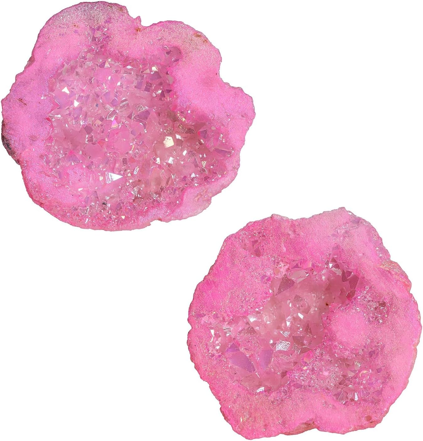 moonsix Pack of 2 Angel Aura Quartz Geode Crystals for Reiki Healing, Titanium Coated Irregular Specimen for Home Office Decor, Pink