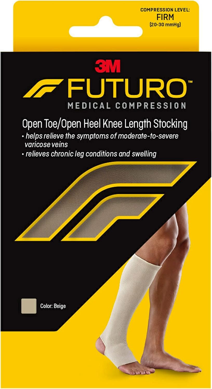 FUTURO Open Toe/Open Heel Knee Length Stocking, Firm Compression (20-30 mm/Hg), For Standing or Sitting All Day, Beige, Medium, Unisex, 1 Stocking