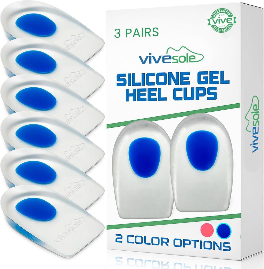 ViveSole Heel Cups for Heel Pain Relief (3 Pairs) - Gel Cushion Inserts for Heel Spur, Achilles Tendonitis, Plantar Fasciitis - Insole Pads for Shoes Women & Men - Silicone Supports, Shock Absorbing