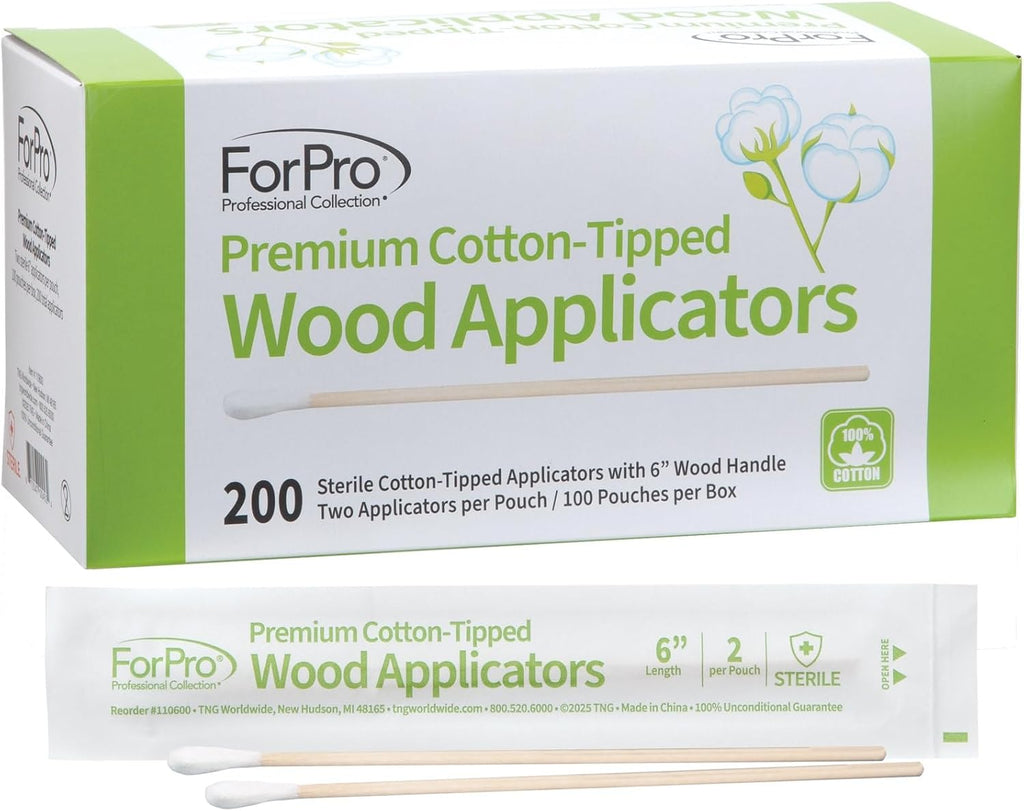 ForPro Premium Cotton-Tipped Wood Applicators, 200-Count Sterile Cotton Swabs with 6" Wood Handle for Medical, Personal Care, Travel, Individually Wrapped in Pairs