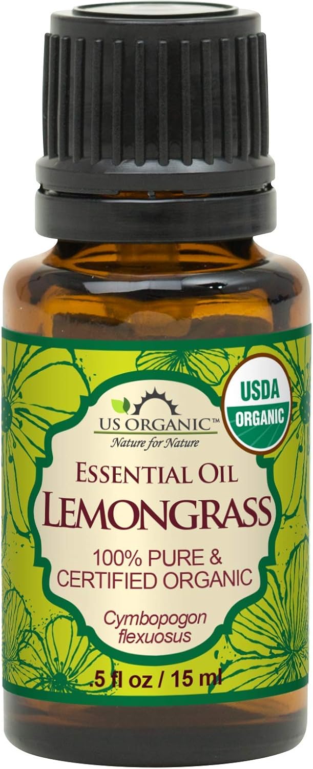 US Organic 100% Pure Lemongrass Essential Oil, USDA Certified Organic, Extracted by Steam Distillation Method, for Hair, Nail Polish Remover, Bees Attraction, and More. 15 ml