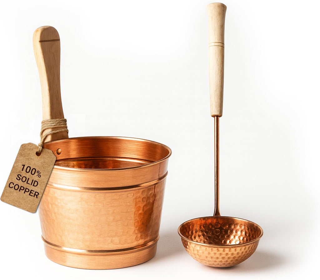 Hammered Copper Sauna Bucket & Ladle Set - Handcrafted Pure Copper Turkish Hammam Spa Accessory, Traditional Sauna Water Bucket with Wooden Handle, Polished Finish, Durable Artisan Design