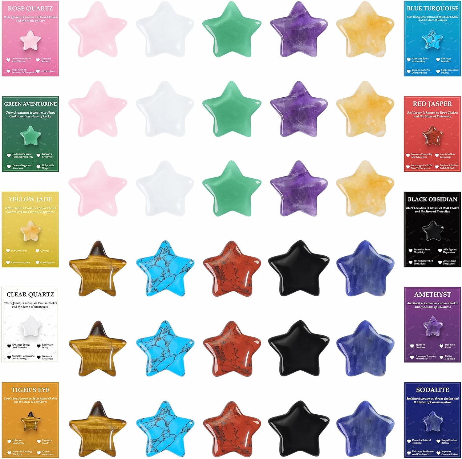 30pcs Star Shaped Rocks Stones Natural Rose Quartz Amethyst Star Stone Healing Crystals Gemstones Set Bulk Love Worry Stone Chakra Reiki Gifts for Women