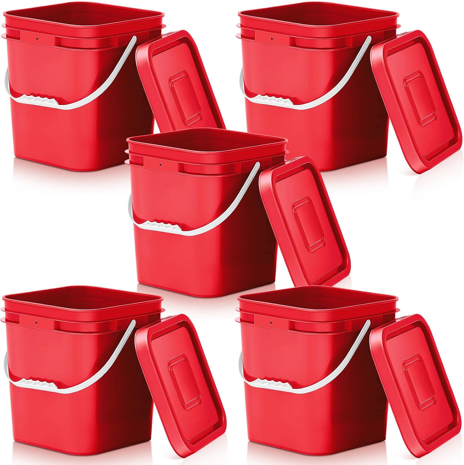 Mumufy 5 Pcs 3.5 Gallon Square Food Grade Bucket with Lid Square Bucket Pail Plastic Handles for Long Term Food Storage, Camping, Fishing, Home Organization Easy Stack and Store (Red)