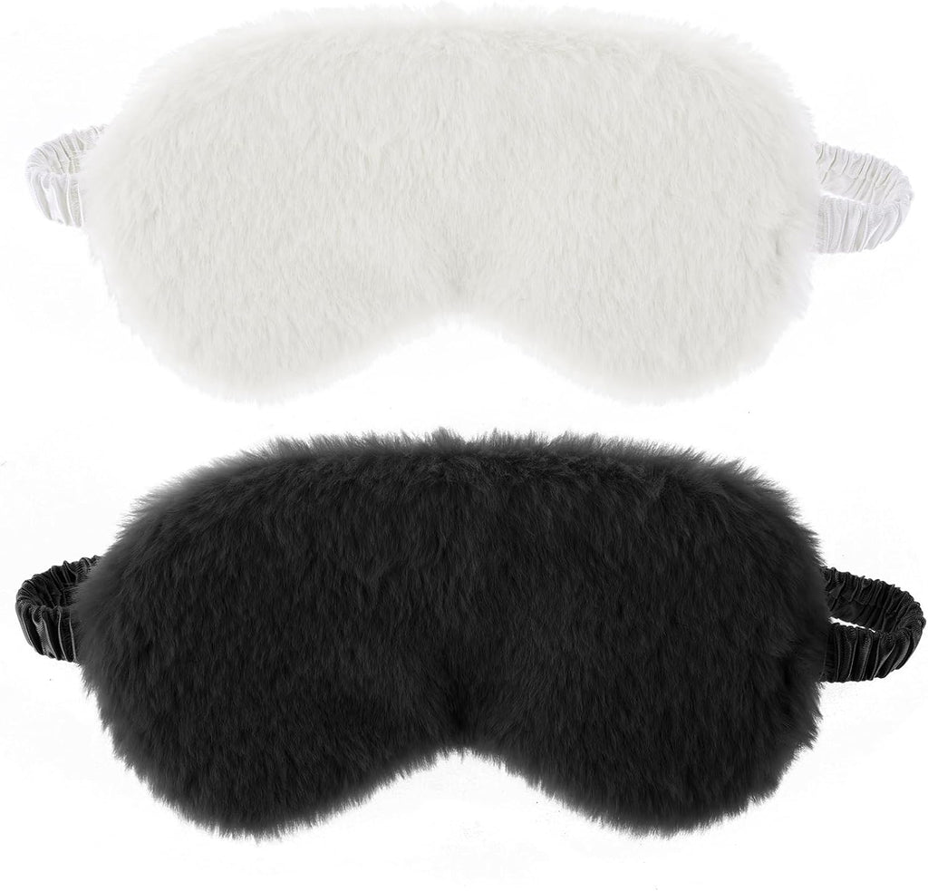 2 Pcs Plush Sleep Eye Mask Cute Soft Sleeping Blindfold Adjustable Furry Nap Eye Cover Night Comfortable Faux Fur Eyeshade for Plane Game Winter Men Women Gift(White, Black)