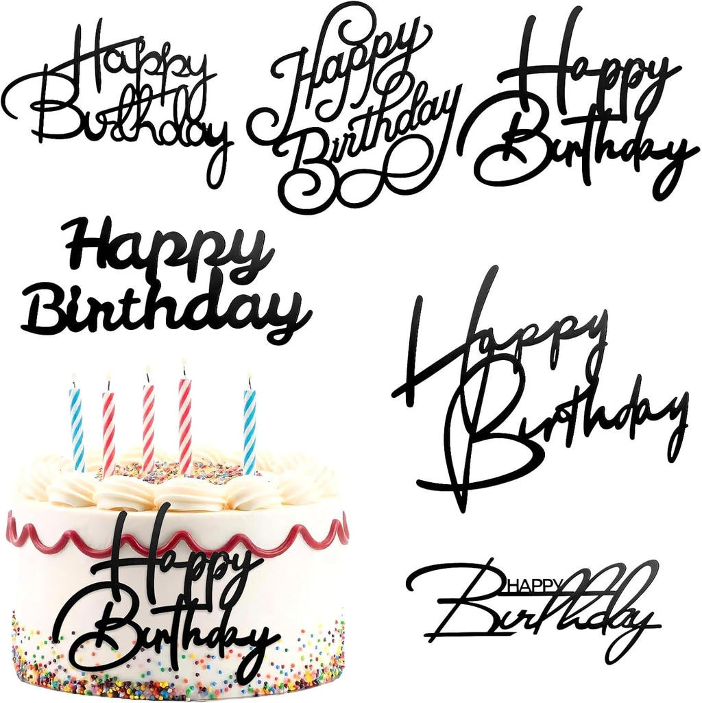 6 Pcs Black Happy Birthday Cake Toppers Acrylic Mirror Side Cake Decorations Cakes Sign Picks CupCake Tools DIY Cakes Toppers Birthday Party Supplies for Celebrating Anniversary Party