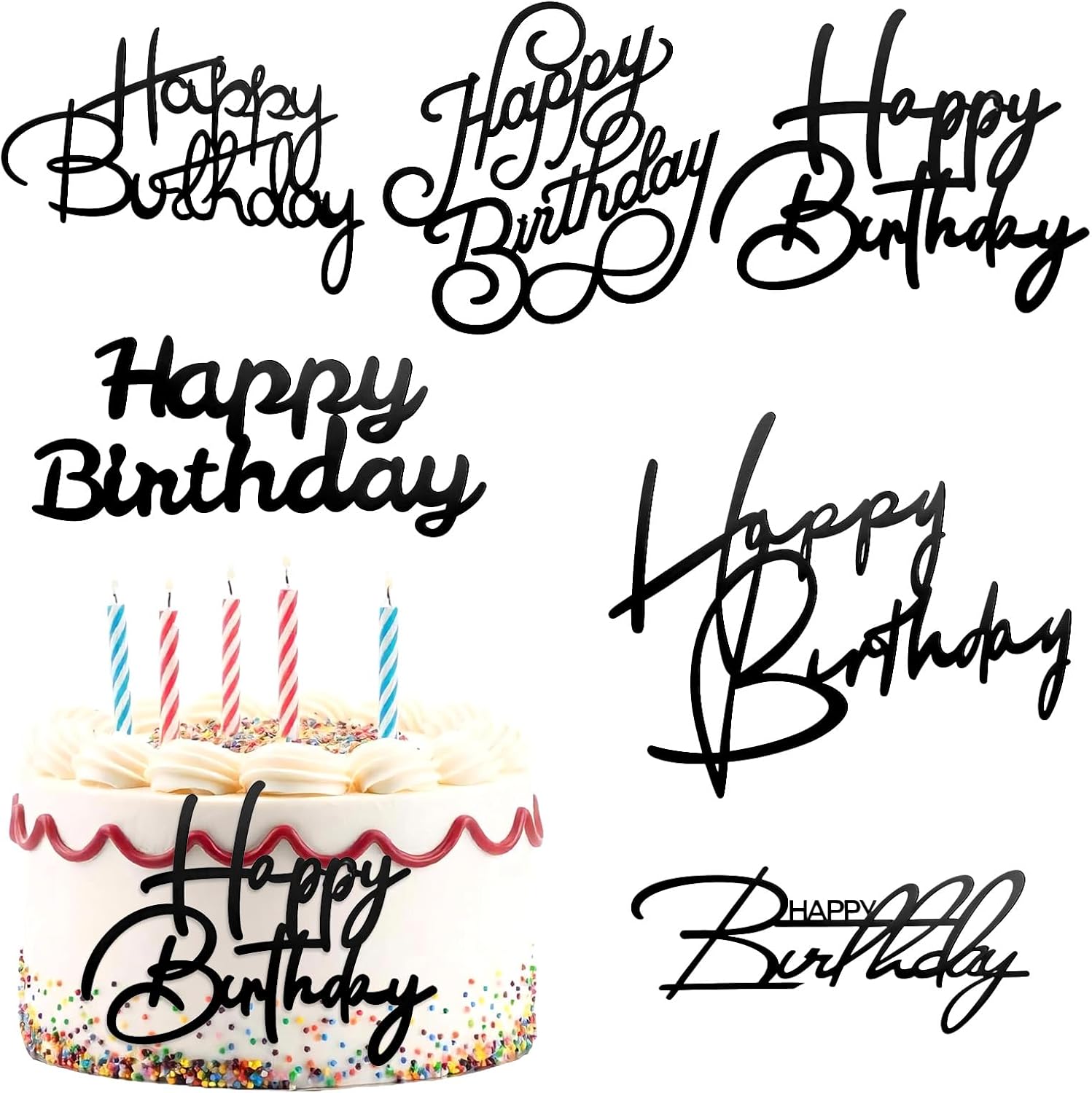 6 Pcs Black Happy Birthday Cake Toppers Acrylic Mirror Side Cake Decorations Cakes Sign Picks CupCake Tools DIY Cakes Toppers Birthday Party Supplies for Celebrating Anniversary Party