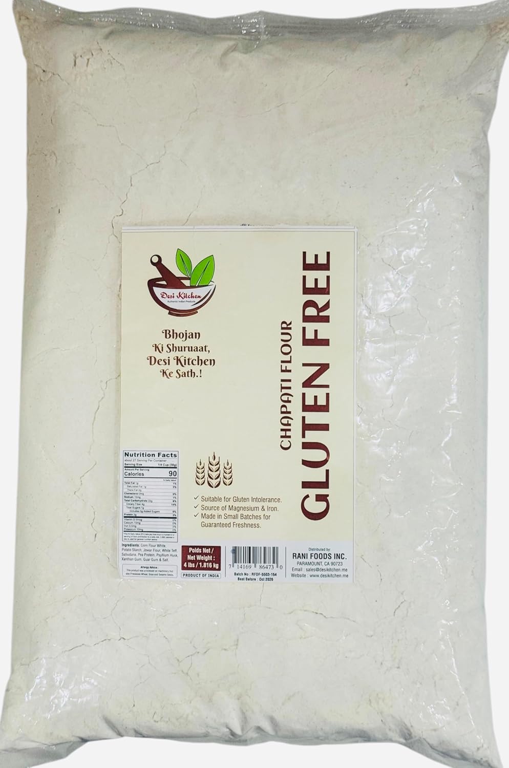 Desi Kitchen Gluten-Free Chapati Flour – 4 lbs (1.816 kg) | Soft Roti Atta Blend with Corn, Jowar, Teff, Potato & More | Vegan Alternative for Indian Flatbreads with no added sugars