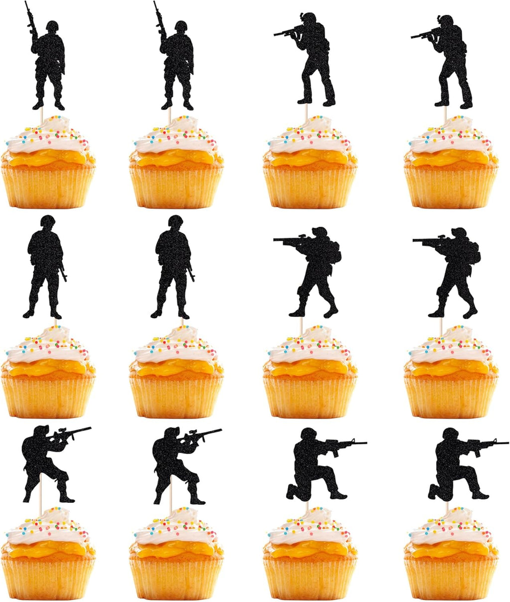 12 PCS Military Soldier Cupcake Toppers，Soldier's Day, Veterans,Glitter Military Theme Navy Army Special Forces Cupcake Picks， Men Boys Birthday Party Decorations Supplies