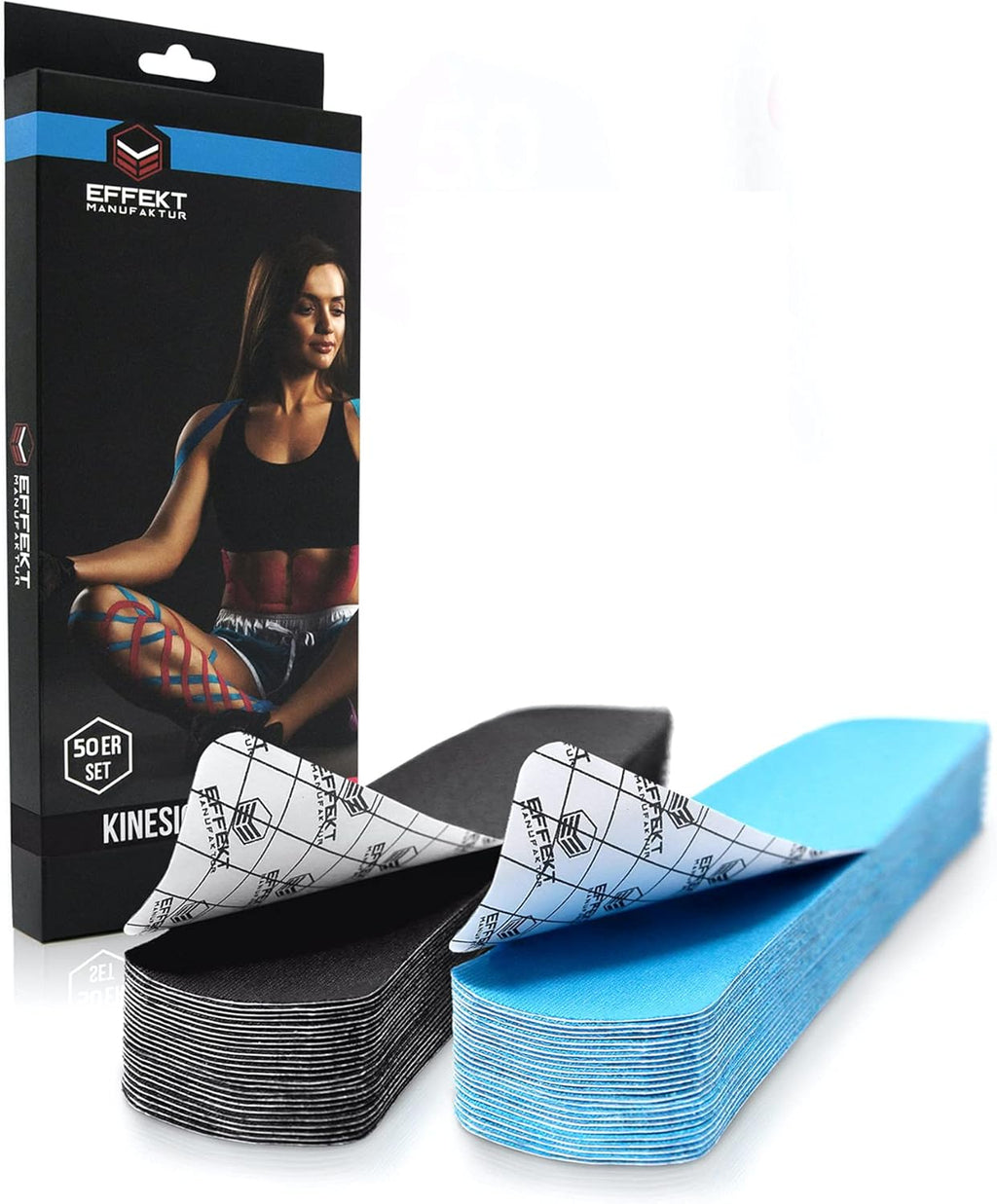 Effekt Pre Cut Kinesiology Tape Waterproof (10'' x 2''), 25 Kinesiology Tape precut Strips - Elastic Medical Tape for Muscle, Knee Support and Injury Recovery, Belly Tape for Pregnancy (Blue + Black)