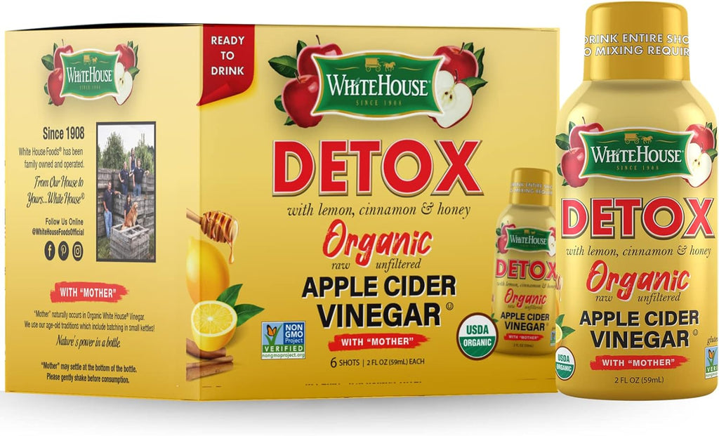 White House Detox Apple Cider Vinegar Shots, Raw Unfiltered, On The Go (Detox, Pack of 6)