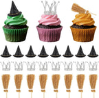 Hooqict 24PCS Mini Witch Hat with Broom and Silver Crown Cupcake Toppers Birthday Cake Topper Decorations for Girls Women Pink and Green Witch Princess Party Decorations Supplies