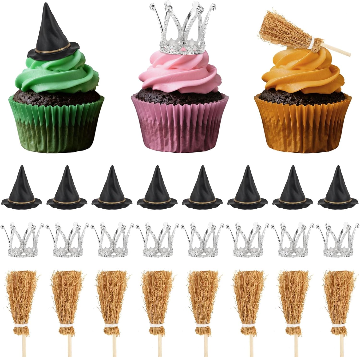 Hooqict 24PCS Mini Witch Hat with Broom and Silver Crown Cupcake Toppers Birthday Cake Topper Decorations for Girls Women Pink and Green Witch Princess Party Decorations Supplies