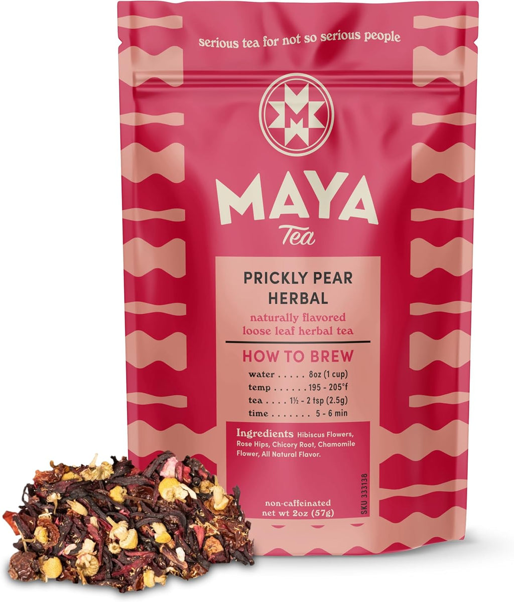 Maya Tea Prickly Pear Natural Flavor Herbal Premium Loose Leaf Tea, No Caffeine, Make Hot or Iced, Brews Up to 22 Cups, 2 Ounce Resealable Pouch
