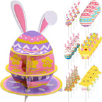 Tanlade 3 Tier Easter Cupcake Stand and 24 Pcs Cupcake Toppers Bunny Birthday Party Supplies Puppy Egg Shaped Bunny Print Cupcake Holder for Puppy Easter Kids Theme Birthday Party Decorations