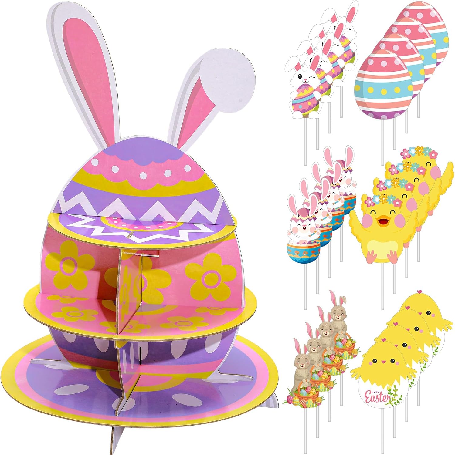 Tanlade 3 Tier Easter Cupcake Stand and 24 Pcs Cupcake Toppers Bunny Birthday Party Supplies Puppy Egg Shaped Bunny Print Cupcake Holder for Puppy Easter Kids Theme Birthday Party Decorations