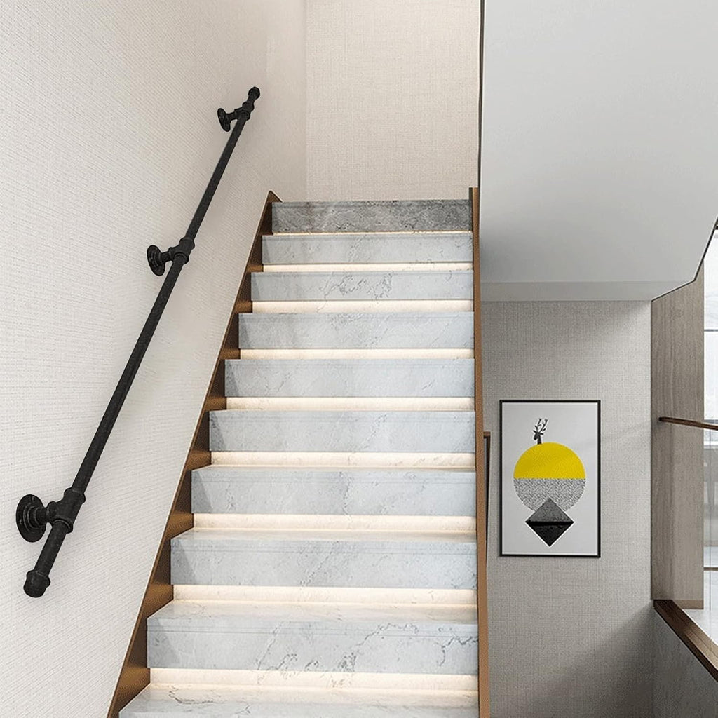 XFSHKJS Modern Stairs Banister Handrail - Complete Kit 30-600cm | Indoor Outdoor Steps Grab Rail Black Metal Wrought Iron External Outside Wall Mount,Safety Handle (Size : 2ft/60cm)