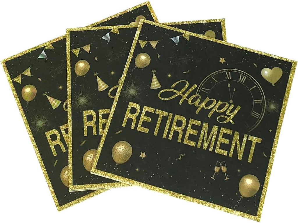 40 Pcs Happy Retirement Napkins Golden Black Disposable Paper Napkins for Dinner Picnic Cocktail Birthday Party Supplies Good Luck We Will Miss You Decors 6.5in