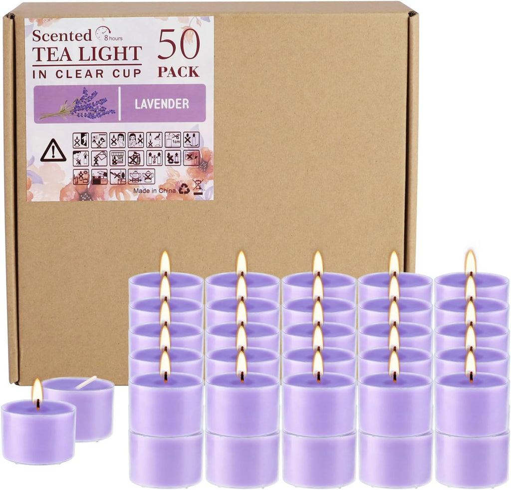 50 Pack Bulk Lavender Scented Tealight Candles in Clear Cup, Purple Wax Votive Candle for Birthdays Weddings Churches Anniversaries & More（8 Hour）