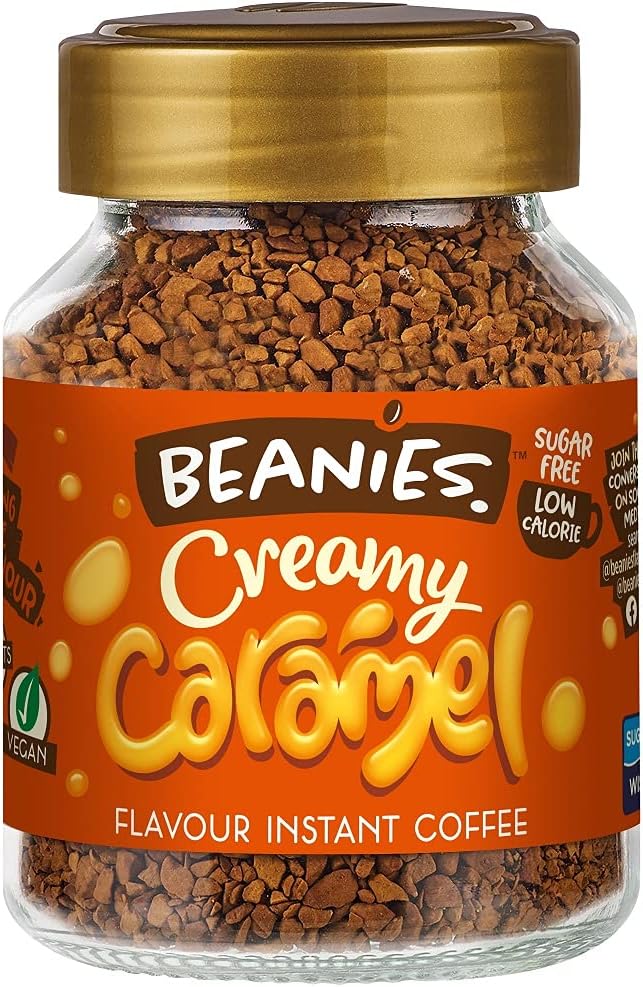 Beanies Flavour Instant Coffee - Creamy Caramel Instant Flavored Coffee - Bold & Adventurous Full-On Flavor - An Indulgent Sugar Free Taste Explosion - Low Calorie - Vegan & Gluten Free - Wheat & Dairy Free, 50g jar