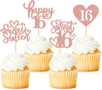 48 Pack Happy Sweet 16 Cupcake Toppers Sweet Sixteen 16 Happy 16 Cupcake Picks for 16th Birthday Wedding Anniversary Party Cake Decorations Supplies Rose Gold