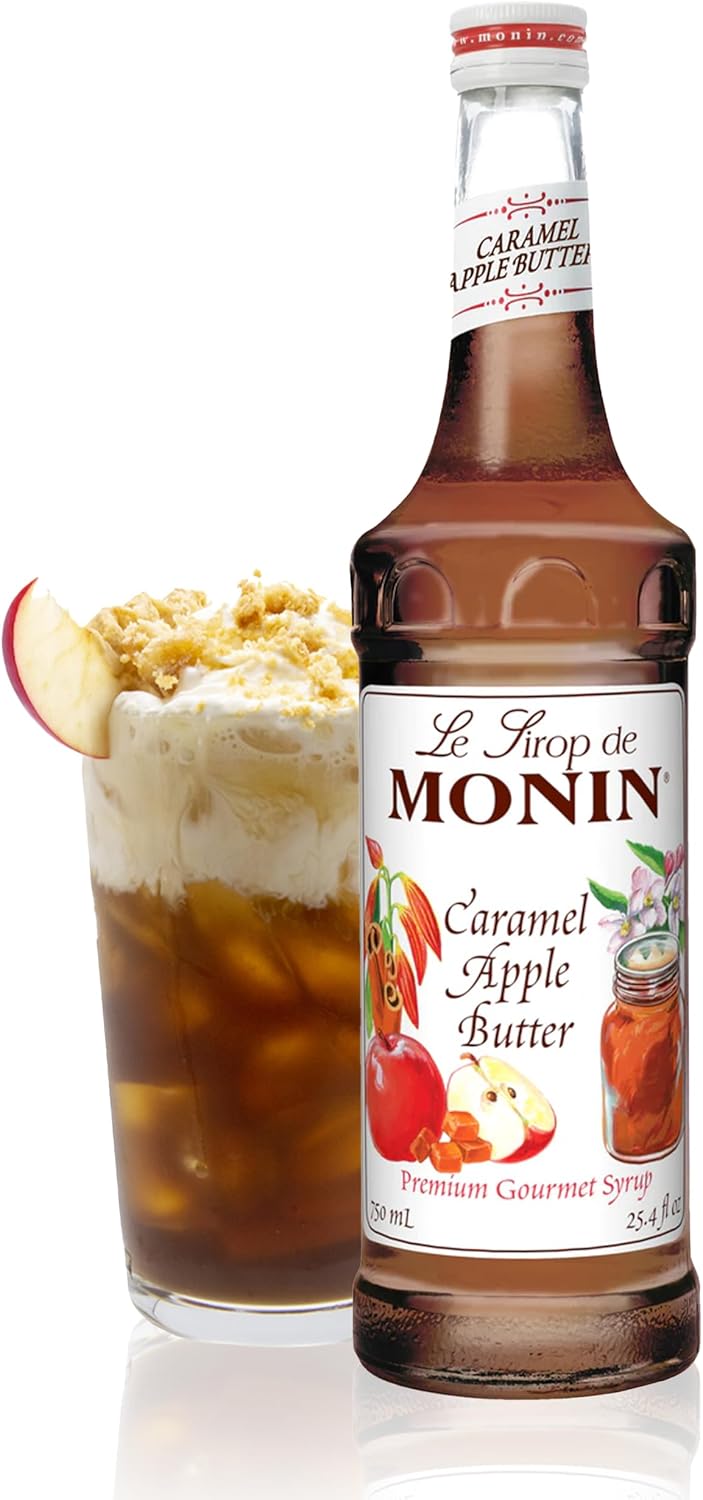 Monin - Caramel Apple Butter Syrup, Buttery Caramel and Cooked Apple Flavor, Natural Flavors, Great for Hot Lattes, Ciders, and Seasonal Cocktails, Non-GMO, Gluten-Free (750 ml)