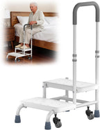 Step Stool with Handle for Elderly, 2 Steps Stool with Wheel, Non Slip Platform and Height Adjustable Handrail Support for Adults, Seniors, Bedside Steps for High Beds, Bathtub, RV (White)