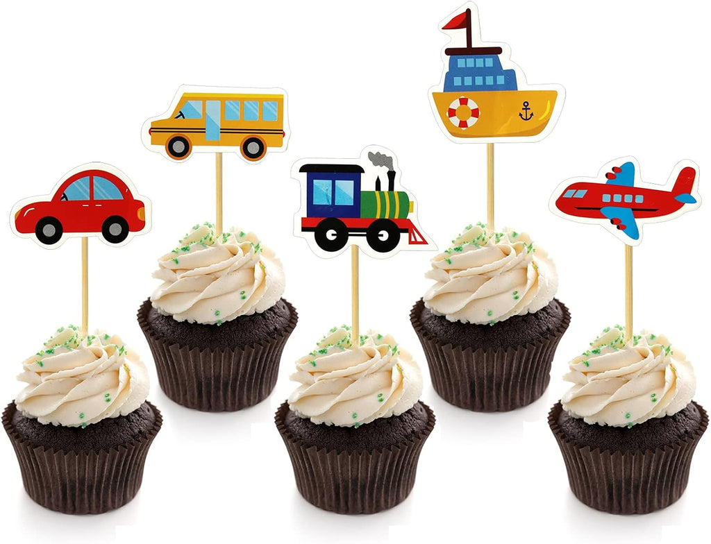 Transportation Cupcake Toppers 30 Pack Car Truck Train Airplane Ship Party Cake Toppers Picks for Kids Birthday Baby Shower Party Decorations Supplies