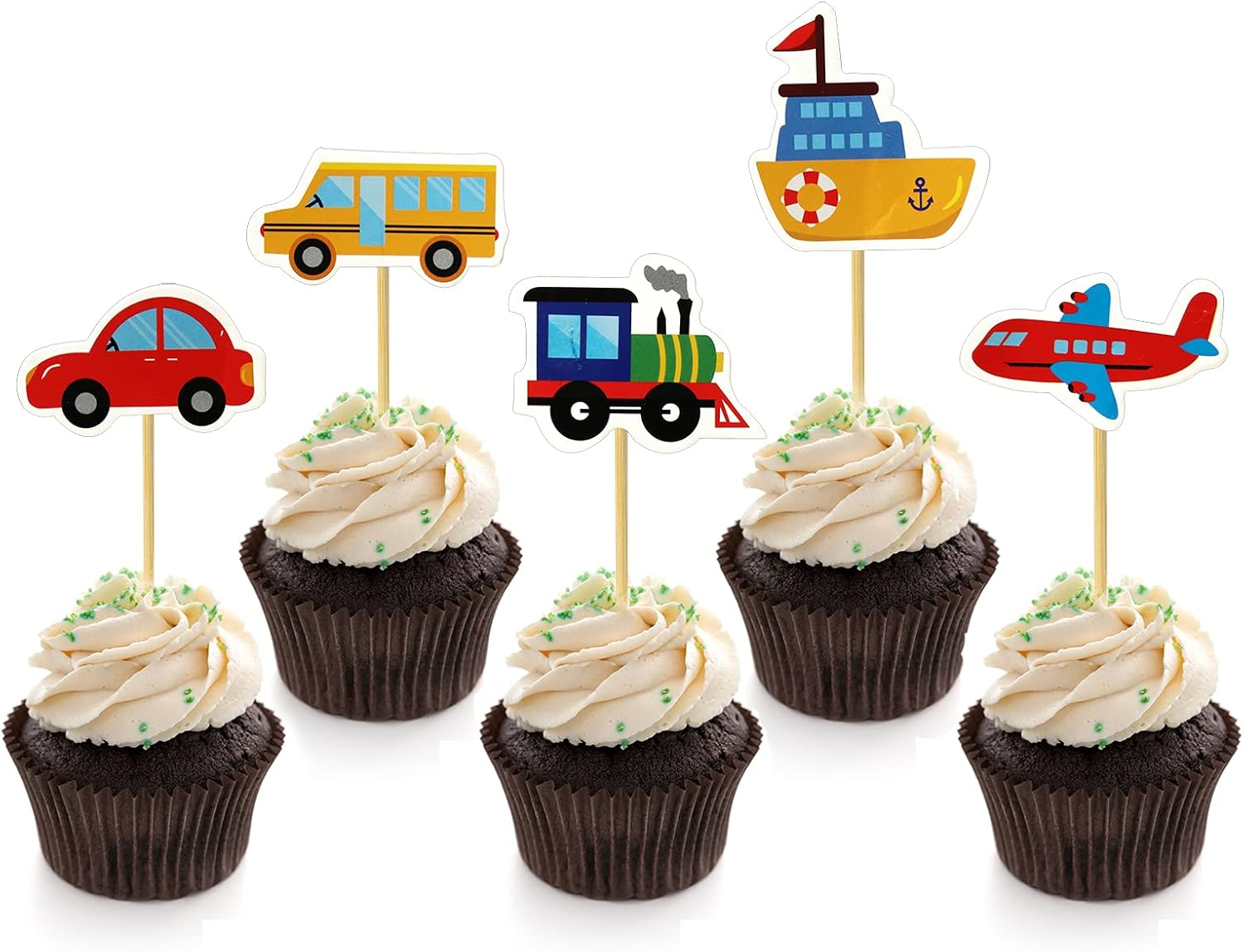 Transportation Cupcake Toppers 30 Pack Car Truck Train Airplane Ship Party Cake Toppers Picks for Kids Birthday Baby Shower Party Decorations Supplies