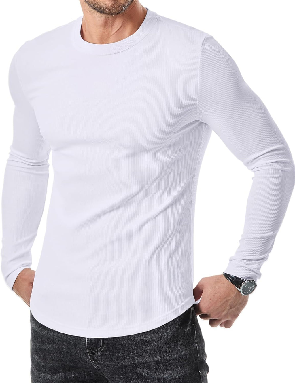 JMIERR Mens T Shirt Muscle Gym Long Sleeve Anti-Wrinkle Casual Workout T Shirts Longline Ribbed Shirts