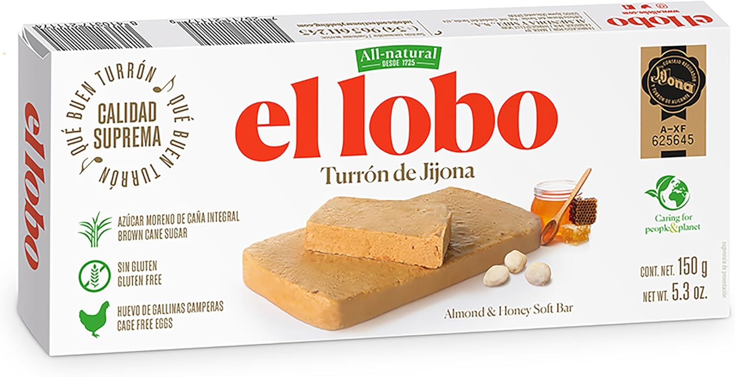 El Lobo Jijona Turron Blando Nougat, Creamy Spanish Almond - Traditional Soft Turrone From Spain, Made with Honey, Gluten Free, 5.3 oz