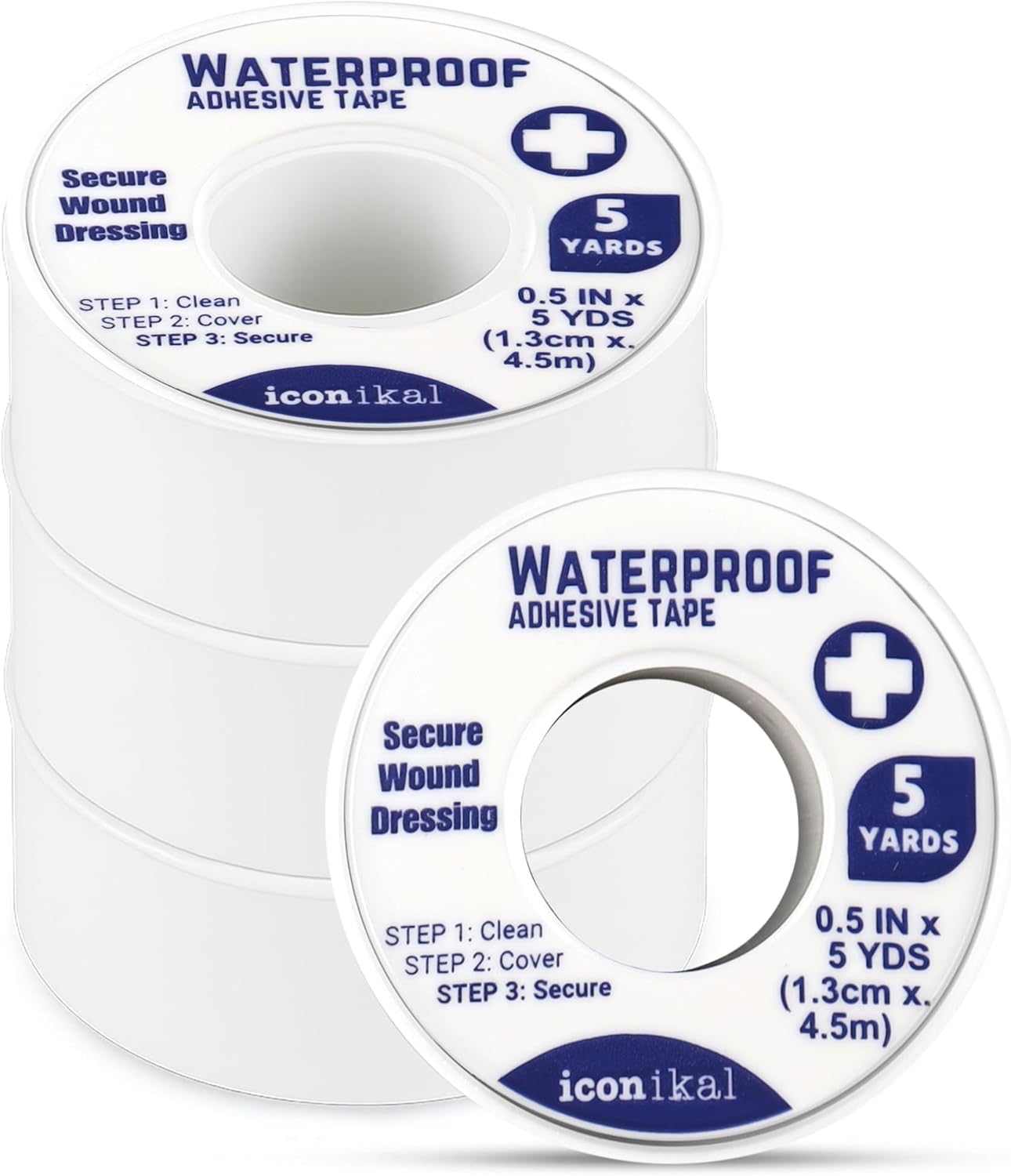 Iconikal 4-Pack First Aid Waterproof Adhesive Tape, 0.5 x 180-Inches, White for Wound Care Gauze Wrap