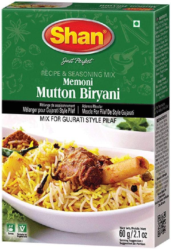 Shan Memoni Mutton Biryani Recipe and Seasoning Mix 2.11 oz (60g) - Spice Powder for Gujrati Style Pilaf - Suitable for Vegetarians - Airtight Bag in a Box