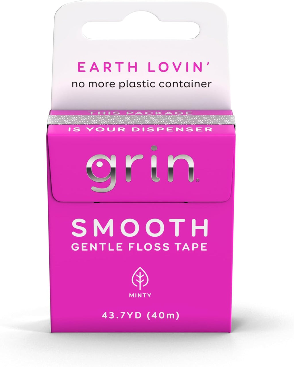 GRIN Smooth Floss Box, Gentle Floss Tape, 43.7 Yards (40M), Minty Flavor, Recyclable Packaging, 132 Feet of Gentle Floss Tape, No More Plastic Container, No Shredding or Breaking