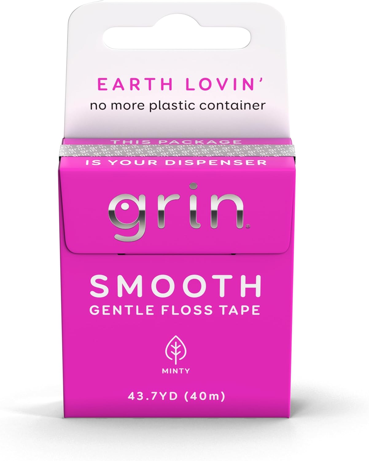 GRIN Smooth Floss Box, Gentle Floss Tape, 43.7 Yards (40M), Minty Flavor, Recyclable Packaging, 132 Feet of Gentle Floss Tape, No More Plastic Container, No Shredding or Breaking