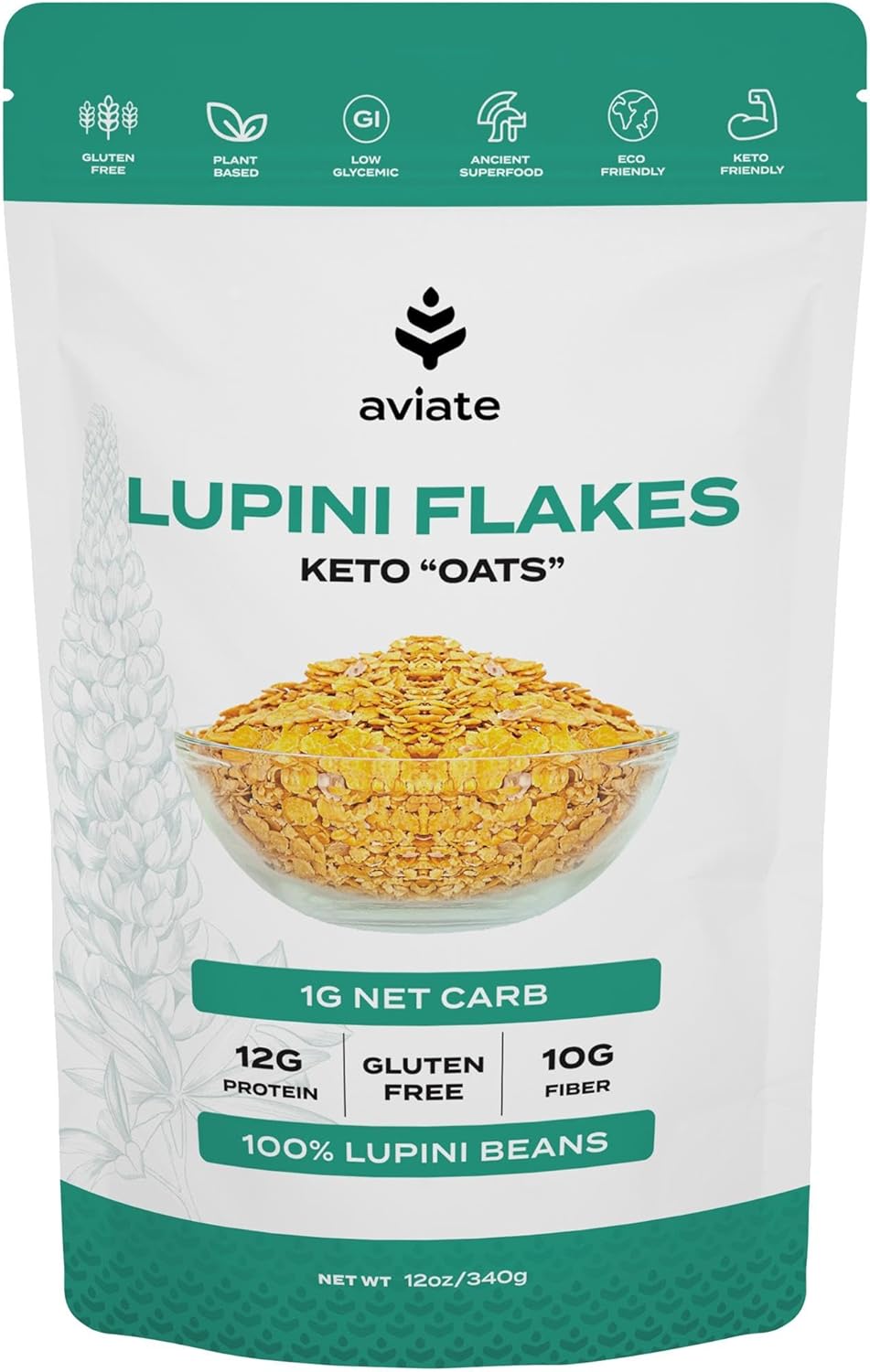 Aviate Lupini FLAKES - Keto "Oats" & Vegan Friendly Superfood - Non-GMO, Gluten Free - High Protein - Low Calorie & Low Carb - Rich in Dietary Fiber and Minerals - 100% Lupin Beans - 12 Ounces (Pack of 1)