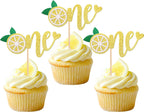24 PCS Lemon One Cupcake Toppers Glitter Fruit Lemonade First Birthday Cupcake Picks for Lemon Theme Baby Shower 1st Birthday Party Cake Decorations Supplies Gold