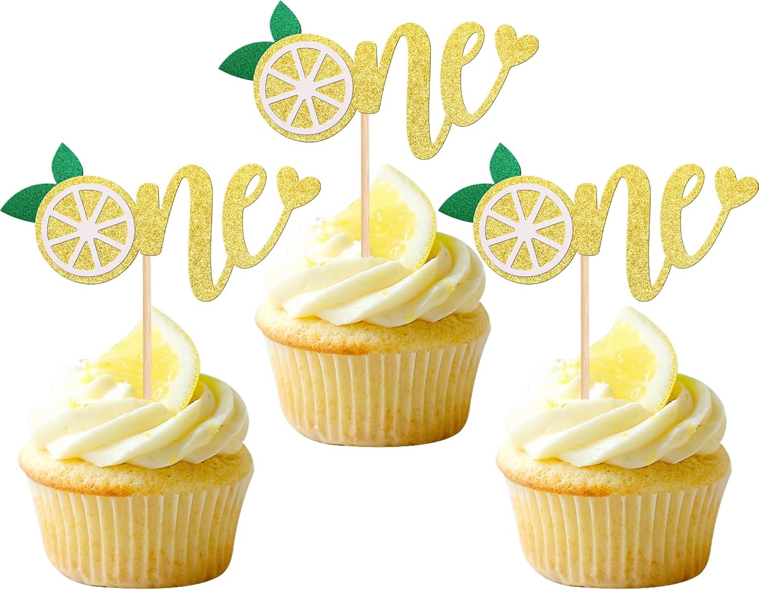 24 PCS Lemon One Cupcake Toppers Glitter Fruit Lemonade First Birthday Cupcake Picks for Lemon Theme Baby Shower 1st Birthday Party Cake Decorations Supplies Gold