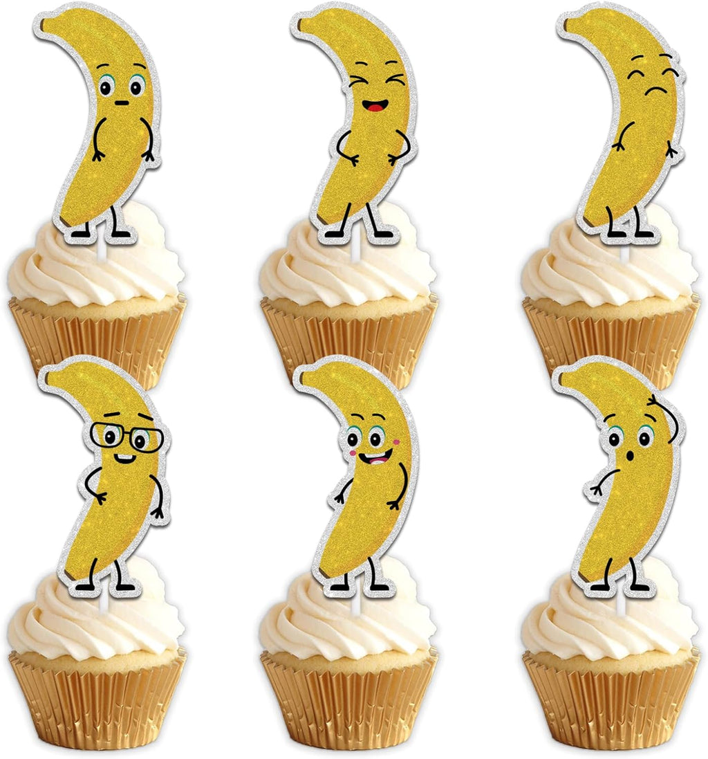 18pcs Yellow Glitter Cute Banana Dessert Cupcake Topper Pick for Funny Fruit Theme Decor Supplies Baby Shower Men Women Boys Girls Happy Birthday Party Decorations